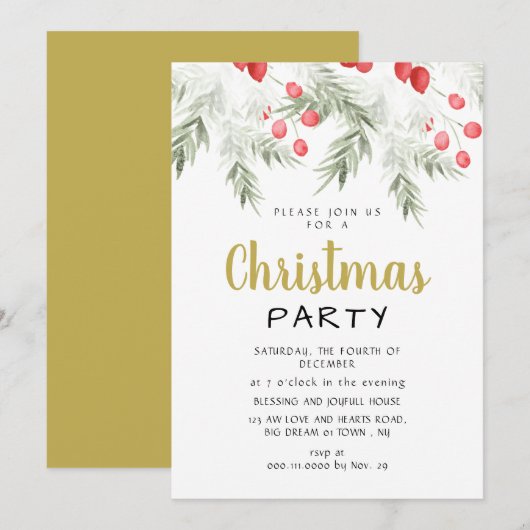 Elegant Winter Greenery Watercolor Christmas Party 招待状 (正面/裏面)