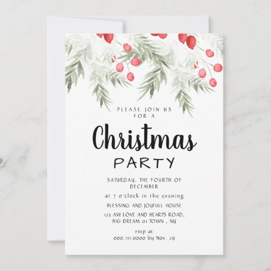 Elegant Winter Greenery Watercolor Christmas Party 招待状 (正面)