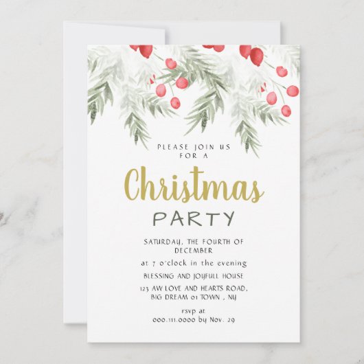 Elegant Winter Greenery Watercolor Christmas Party 招待状 (正面)