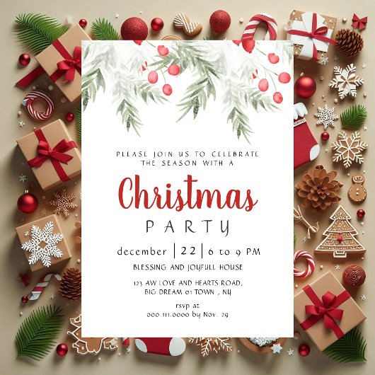 Elegant Winter Greenery Watercolor Christmas Party 招待状