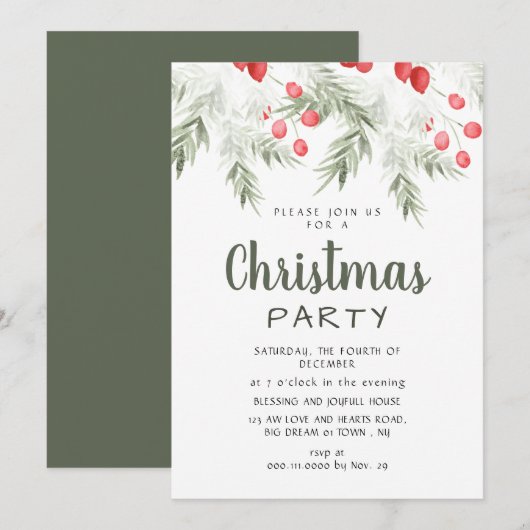 Elegant Winter Greenery Watercolor Christmas Party 招待状 (正面/裏面)