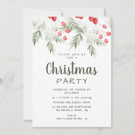 Elegant Winter Greenery Watercolor Christmas Party 招待状 (正面)