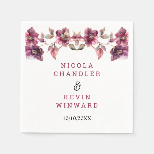 Elegant Winter Hellebore Floral Burgundy Wedding スタンダードカクテルナプキン (正面)