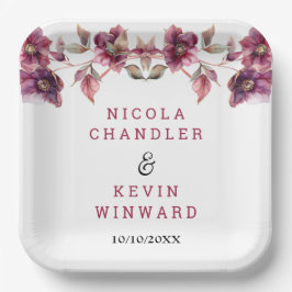 Elegant Winter Hellebore Floral Burgundy Wedding ペーパープレート