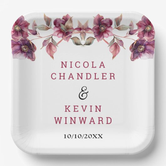 Elegant Winter Hellebore Floral Burgundy Wedding ペーパープレート (正面)
