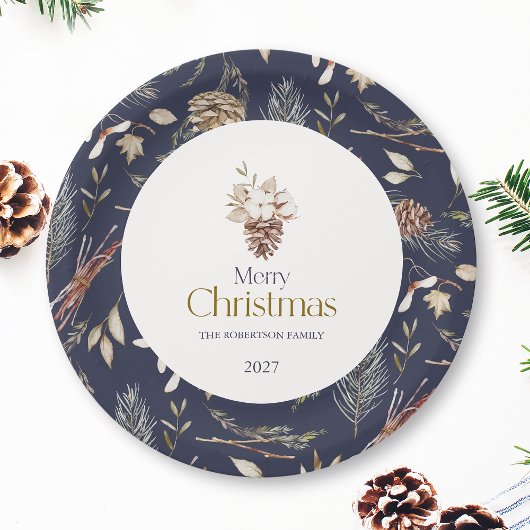 Elegant Winter Paper Plates with Pinecones ペーパープレート