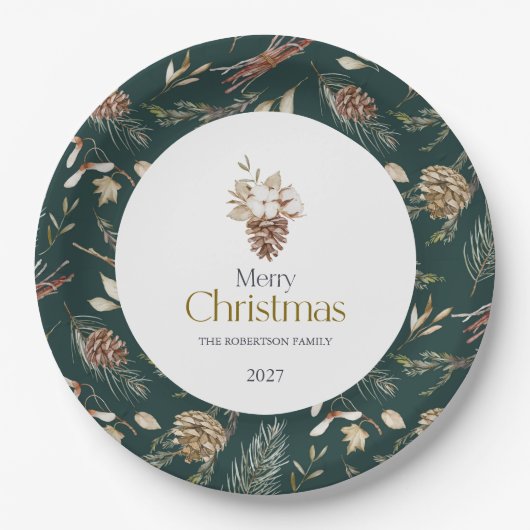 Elegant Winter Paper Plates with Pinecones ペーパープレート (正面)