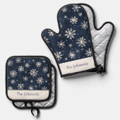 Elegant Winter Personalized Navy Snowflake 鍋つかみ&鍋敷きセット (正面/裏面)