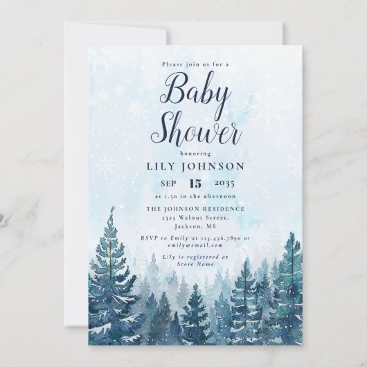 Elegant Winter Pine Tree Forest Baby Shower 招待状 (正面)