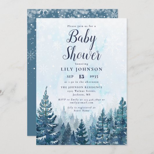 Elegant Winter Pine Tree Forest Baby Shower 招待状 (正面/裏面)
