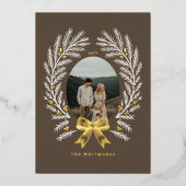 Elegant Winter Pine Tree Wreath Bow Photo Frame 箔シーズンカード (正面)