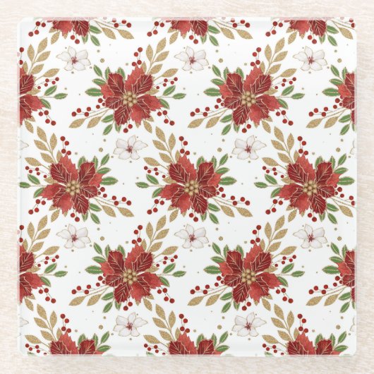 Elegant Winter Poinsettia Floral Pattern ガラスコースター (正面)
