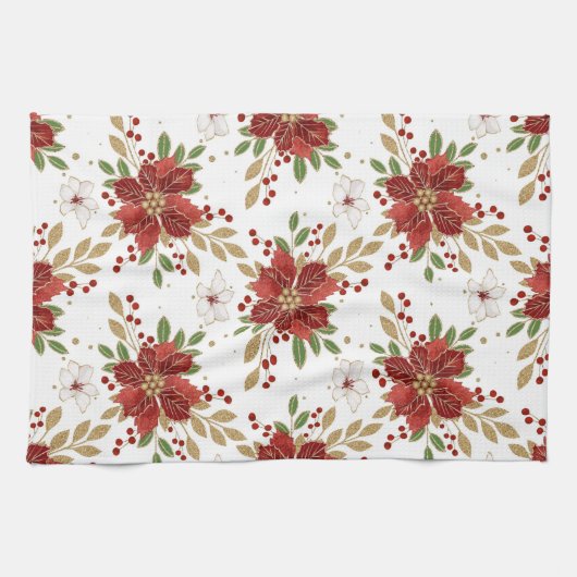 Elegant Winter Poinsettia Floral Pattern キッチンタオル (横)