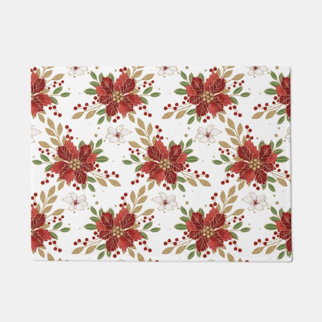 Elegant Winter Poinsettia Floral Pattern ドアマット (正面)