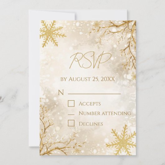 Elegant Winter RSVP Card | Ivory & Gold Snowflake 招待状 (正面)