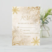 Elegant Winter RSVP Card | Ivory & Gold Snowflake 招待状 (スタンド正面)
