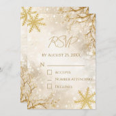 Elegant Winter RSVP Card | Ivory & Gold Snowflake 招待状 (正面/裏面)