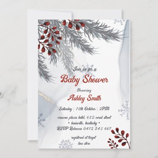 elegant winter watercolor baby shower  招待状 (正面)