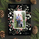 Elegant Winter Watercolor Greenery Black Photo シーズンカード<br><div class="desc">This elegant and festive holiday photo card features a beautiful watercolor wreath of holly, eucalyptus, and berries over a chic black background. The editable greeting on the front says "Happiest Holidays". The back of the card is a coordinating foliage pattern, which can be removed if desired. You can also add...</div>