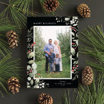 Elegant Winter Watercolor Greenery Botanical Photo シーズンカード<br><div class="desc">This elegant holiday photo card features a single vertical photo framed by beautiful watercolor eucalyptus, holly, and berries over a chic black background. The editable greeting on the front says "Happy Holidays". The back of the card is a coordinating foliage pattern, which can be removed if desired. You can also...</div>