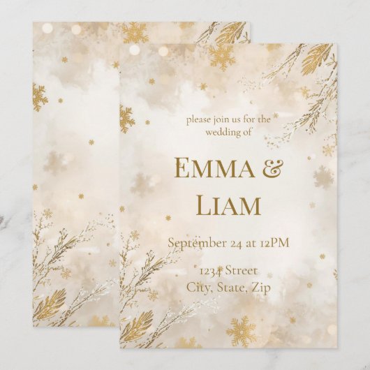 Elegant Winter Wedding Invitation | Ivory & Gold 招待状 (正面/裏面)