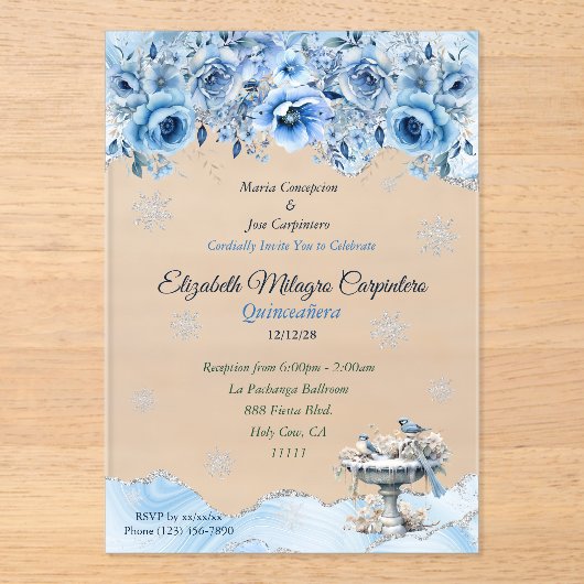 Elegant Winter Wonderland Quinceañera Snowflakes アクリル招待状 (正面)