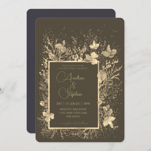 Elegant Wintry Foliage Winter Wedding 招待状 (正面/裏面)