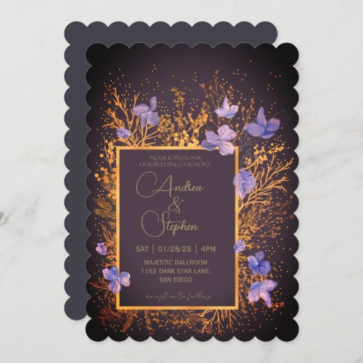 Elegant Wintry Foliage Winter Wedding 招待状 (正面/裏面)