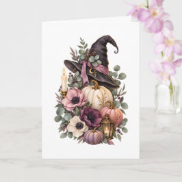 Elegant Witch Hat with Floral Pumpkins カード