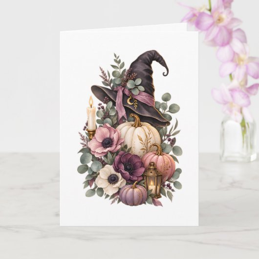 Elegant Witch Hat with Floral Pumpkins カード (蘭)