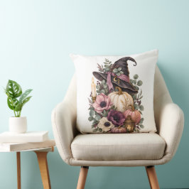 Elegant Witch Hat with Floral Pumpkins クッション