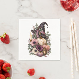 Elegant Witch Hat with Floral Pumpkins スタンダードカクテルナプキン