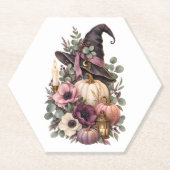 Elegant Witch Hat with Floral Pumpkins ペーパーコースター (正面)
