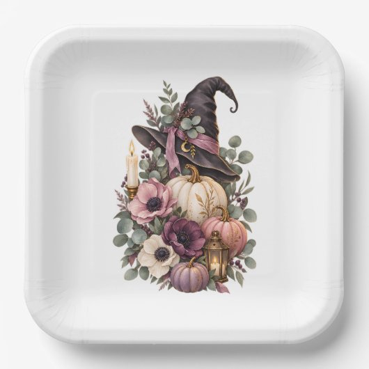Elegant Witch Hat with Floral Pumpkins ペーパープレート (正面)