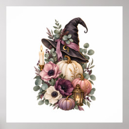 Elegant Witch Hat with Floral Pumpkins ポスター