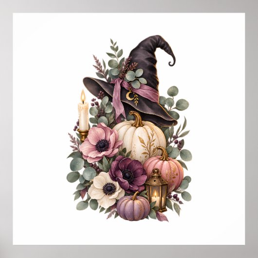 Elegant Witch Hat with Floral Pumpkins ポスター (正面)