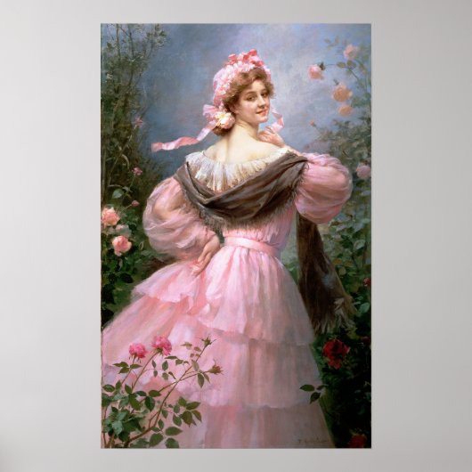 Elegant woman in a rose garden ポスター (正面)