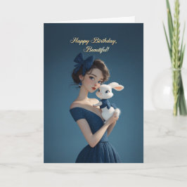 Elegant Woman in Midnight Blue w/ Bunny Birthday カード