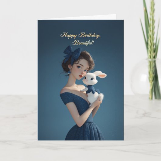 Elegant Woman in Midnight Blue w/ Bunny Birthday カード (正面)