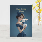 Elegant Woman in Midnight Blue w/ Bunny Birthday カード (黄色い花)