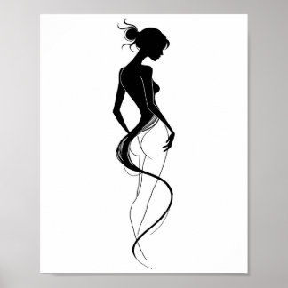 Elegant Woman Silhouette Abstract Line Art Black ポスター