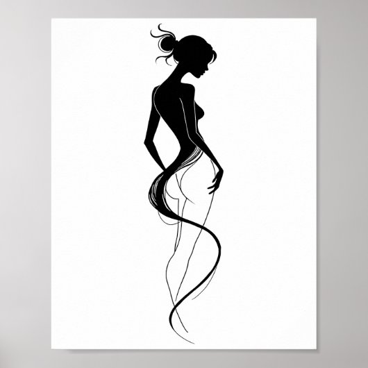 Elegant Woman Silhouette Abstract Line Art Black  ポスター (正面)