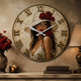 Elegant Woman White Hat Romantic Rose Portrait ラージ壁時計