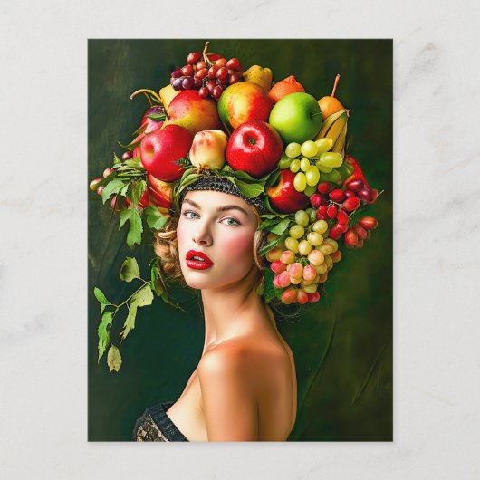Elegant Woman with Apple Fruit Hat シーズンポストカード (正面)