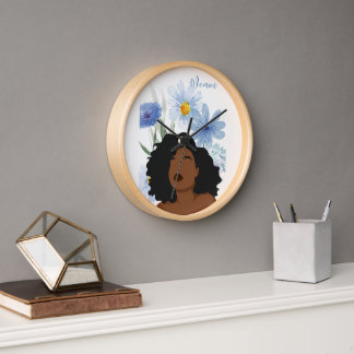 Elegant Woman with Blue Floral Wall Clock 壁時計
