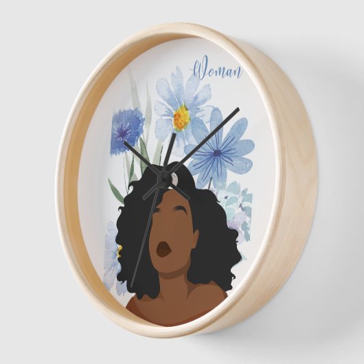 Elegant Woman with Blue Floral Wall Clock 壁時計 (傾斜)