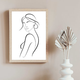 Elegant Woman with Hat Minimalist Line Art ポスター