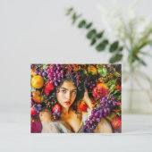Elegant woman with pomegranate grapes and floral c ポストカード (スタンド正面)