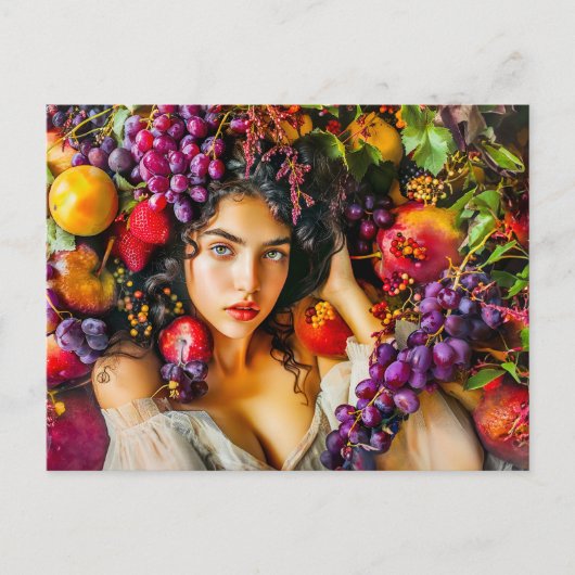 Elegant woman with pomegranate grapes and floral c ポストカード (正面)