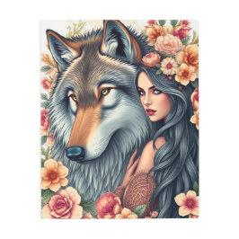 Elegant Woman with Wolf & Flowers Metal Art Print メタルプリント